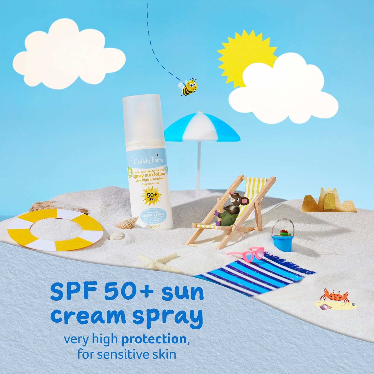 Childs Farm 50+ SPF sun lotion spray fragrance-free